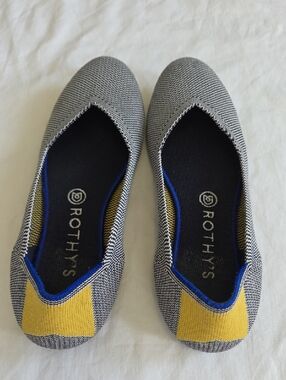 Rothys Round Toe Womens Black & White Birdseye Ballet Flats Yellow Pop Size 8.5